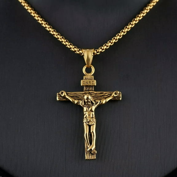 QQTDFG Stainless Steel Gold Black Jesus Cross Pendant Necklace Women Men's Choker Gift-default