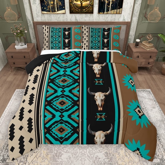 Manfei Retro Bull Skull Bedding Comforter Set,Rustic Western Farmhouse Twin Comforter Sets,Vintage Aztec Rhombus Bedding Set For Girls Boys,Ultra Soft Home Decor Reversible,2 Pieces