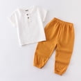 thumbnail image 2 of UngA Toddler Baby Boy 2 Piece Spring Outfit Cotton Linen Casual Henley T-Shirt Pants Set Kids Summer Short Sleeve Tops Plain Clothes (Yellow,4-5 Years), 2 of 6
