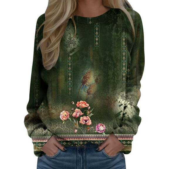 Women Dressy Blouses Fall Oversized Crew Neck Long Sleeve Bubble One Shoulder Curve Hem Floral Leisure Cotton Sweatshirts Hoodies(AG,XL)