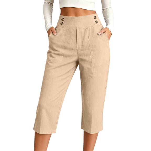 Capris for Women with Pockets Women's Cotton Linen High Waisted Pants Dressy Casual Cropped Pant Casual Summer Clothes,2XL