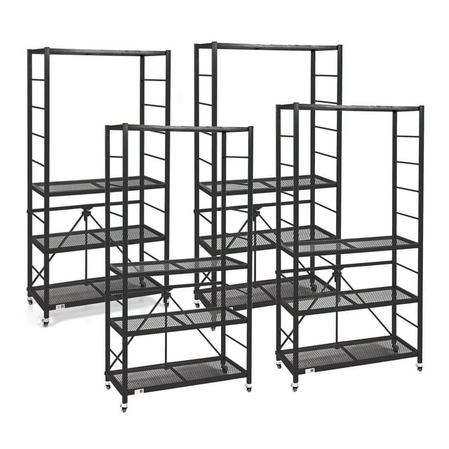 Origami 4 Pack Folding Steel Storage Rack, Adjustable Shelves, R2, Black