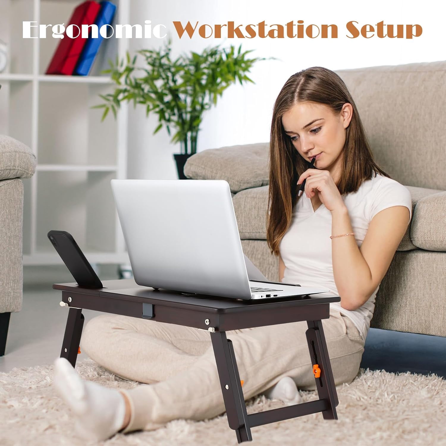 Bamboo Laptop Desk for Bed with Adjustable Fan, Drawer & Phone Slot - 7 Angles 4 Heights Foldable Lap Table