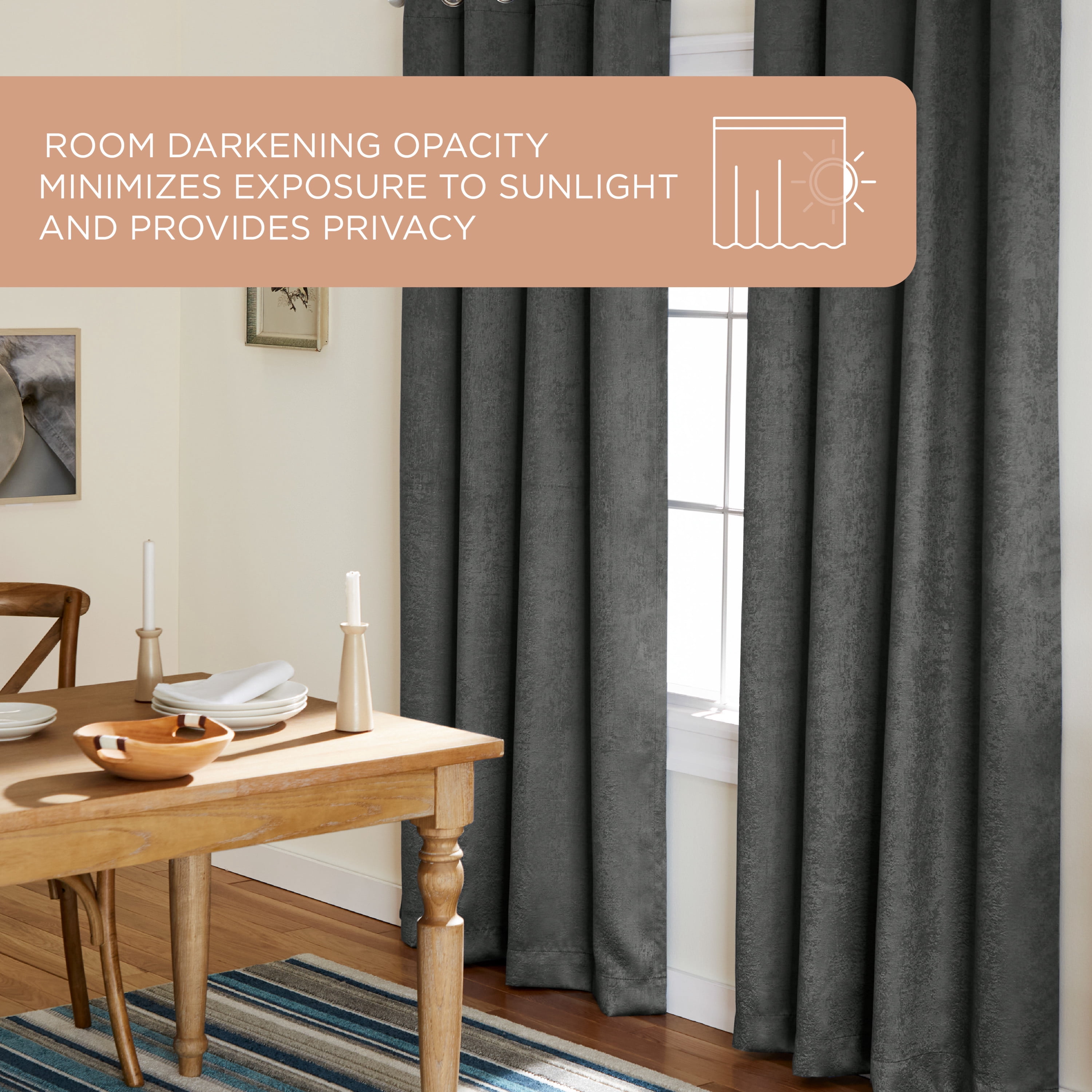 TOWN & COUNTRY EVERYDAY Lustre Solid Heavyweight Textured Sateen Indoor Curtains, Room Darkening Opacity, Grommet Top, Energy Efficient, 2-Pack Set, 52"x84", Charcoal
