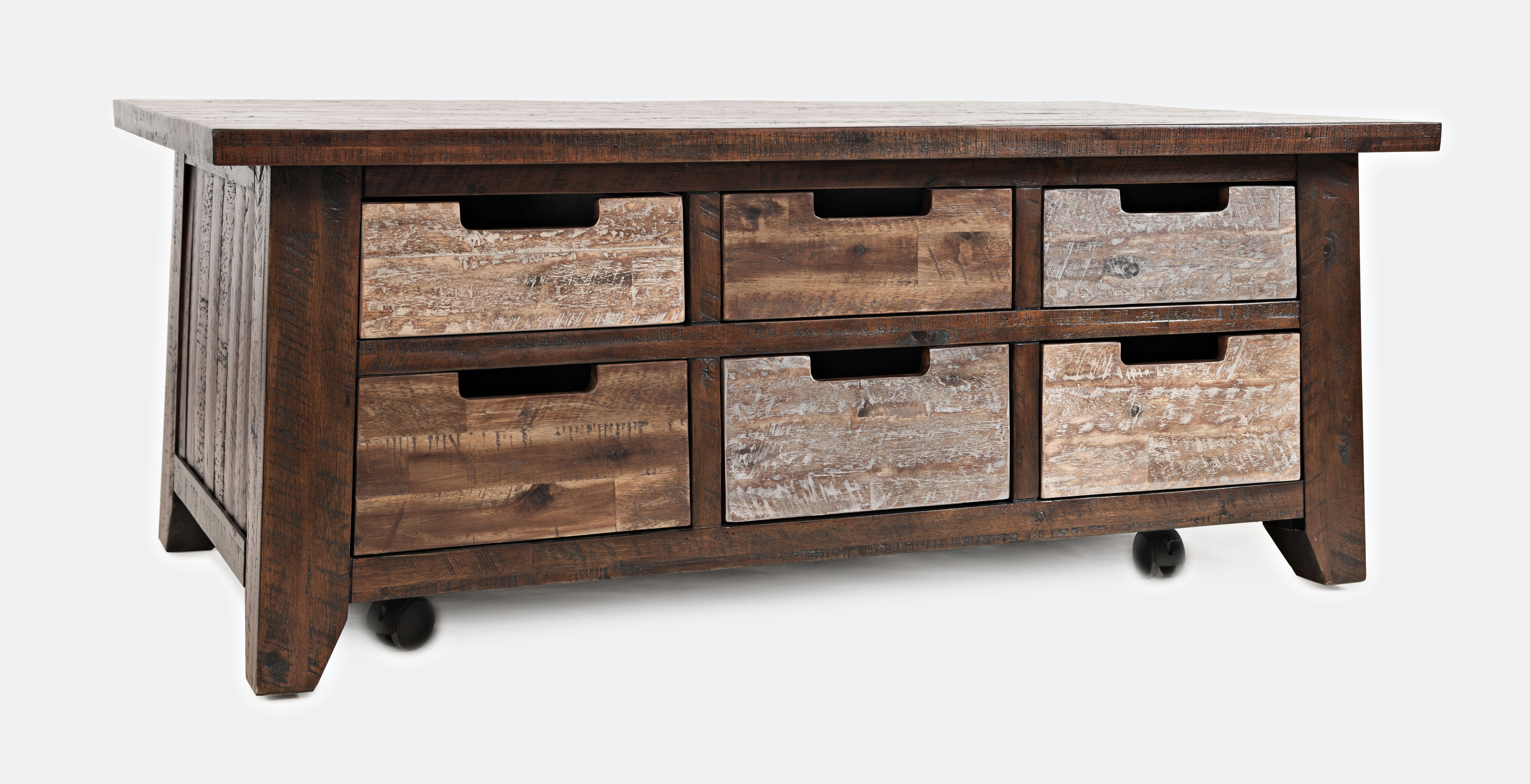 Jofran Painted Canyon Rustic Solid Acacia Box Coffee Table with Pull-Through Drawers and Caster Wheels