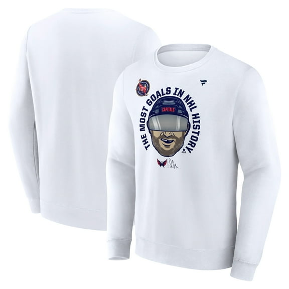 Men's Fanatics Alexander Ovechkin White Washington Capitals NHL All-Time Leading Goal Scorer GR8 Caricature Fleece