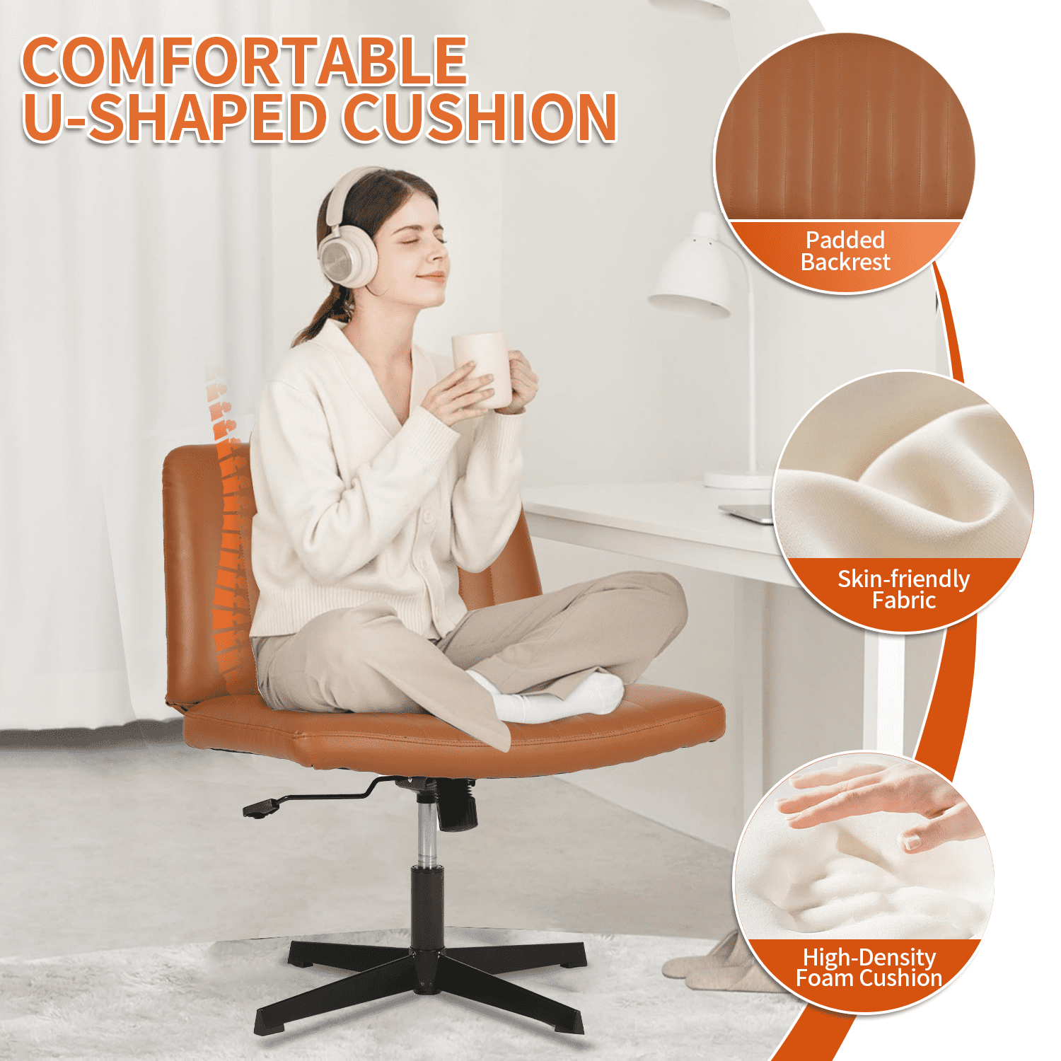BIQWBIC Crisscross Chair Armless Vanity Chair Adjustable Home Office Desk Chair with No Wheels, Brown
