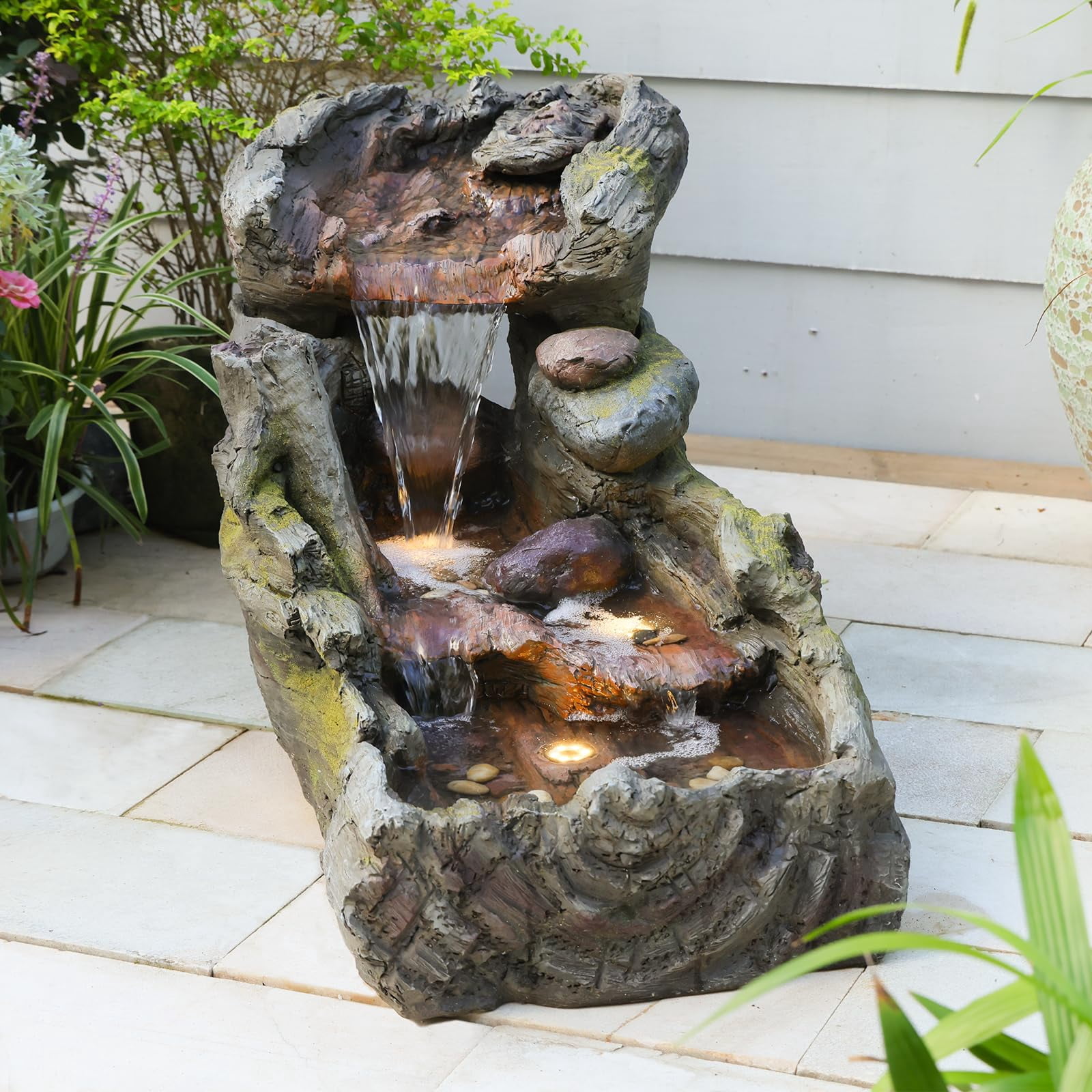 32.5" L Garden Outdoor Water Fountain, Floor Standing Cascading Realistic Tree Trunk Natural Waterfall Outdoor Fountains with LED Lights for Patio, Porch, Home Art Decor