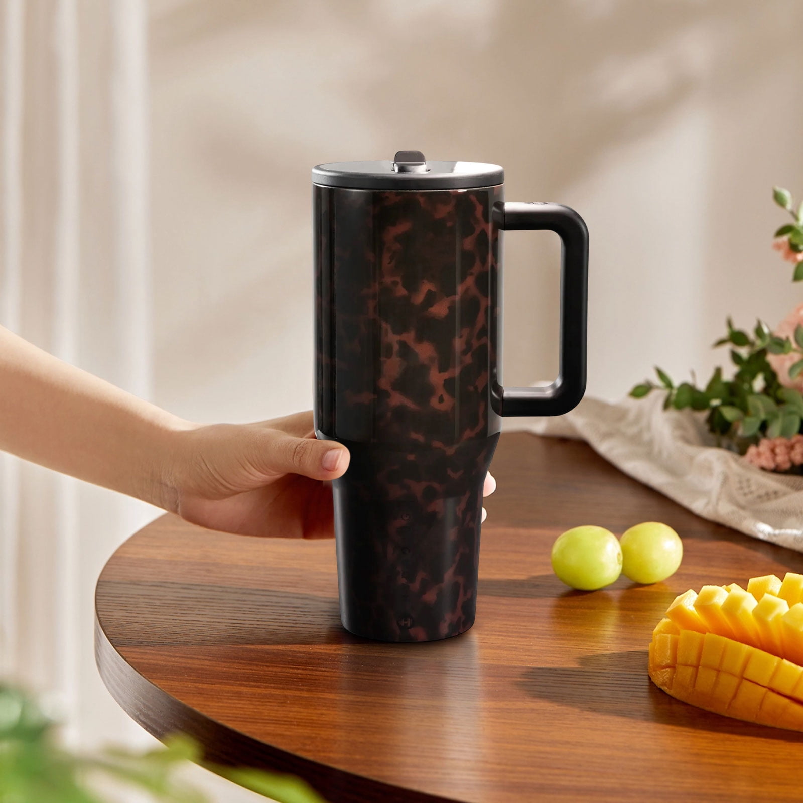 Tortoise Shell 40oz Traveler Handle Stainless Steel Large Capacity Thermos Cup Ergonomic Design Vacuum Insulated Leakproof Water Bottle Gifts for Women & Men.