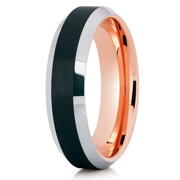 6mm Rose Gold Tungsten Carbide Wedding Ring Black Brushed Finish Silver Polished Edge Unisex Band