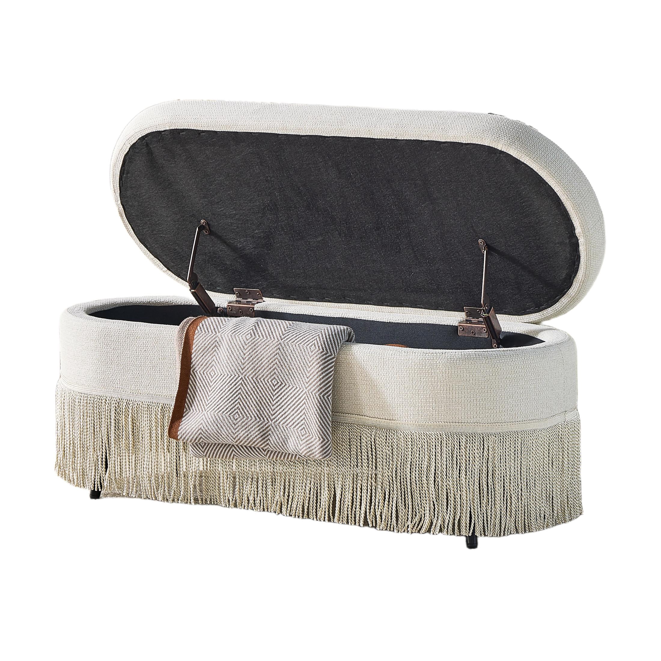 Noble House Ciara 39" Oval Upholstered Storage Ottoman, Lift Top Bench with Boho Fringe Trim, Multi-Functional Footrest, Beige