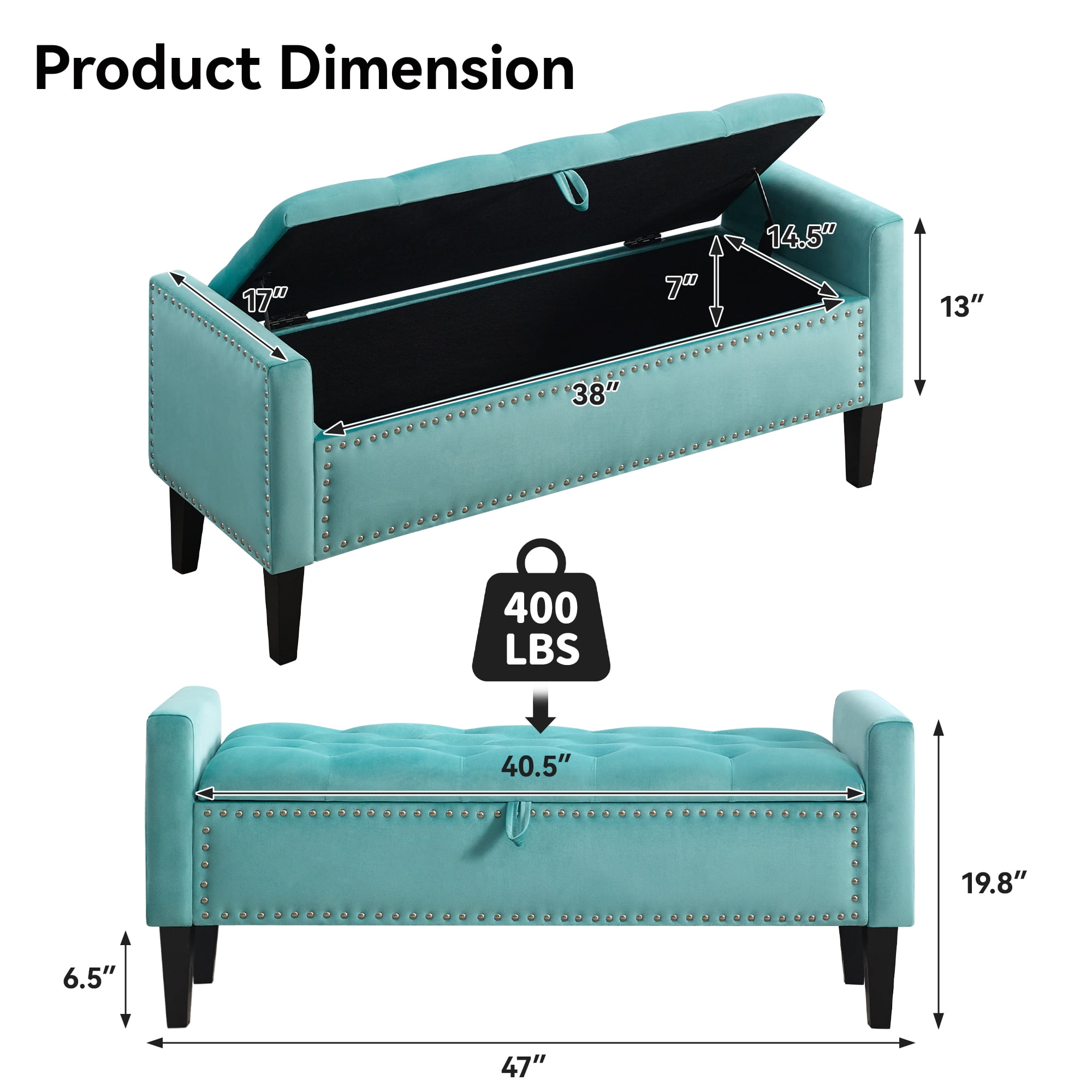 Velvet Storage Bench, Upholstered Bed Bench with Storage, End of Bed Ottoman with Wooden Legs,Bedside Storage Bench for Bedroom, Living Room, or Entryway, Teal