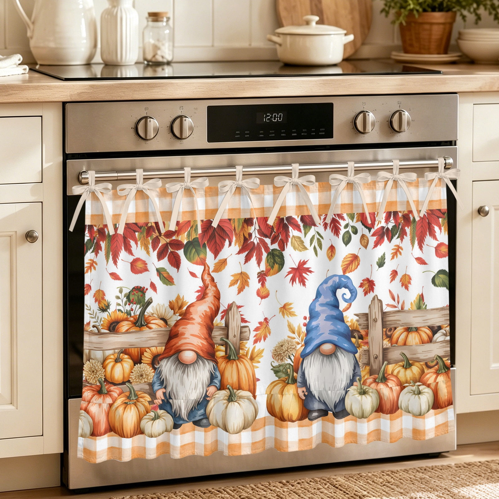 Oven Curtain for Kitchen Farmhouse Gnome Pumpkin Flower Stove Curtain With Ruffled Trim Dishwasher Curtains Autumn Maple Leaf Checkered Oven Skirt 32 x24
