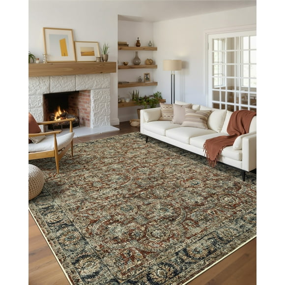 GlowSol 8'x10' Vintage Floral Print Area Rugs Washable Non Slip Low Pile Rug Indoor Soft Accent Carpet for Living Room Bedroom, Red