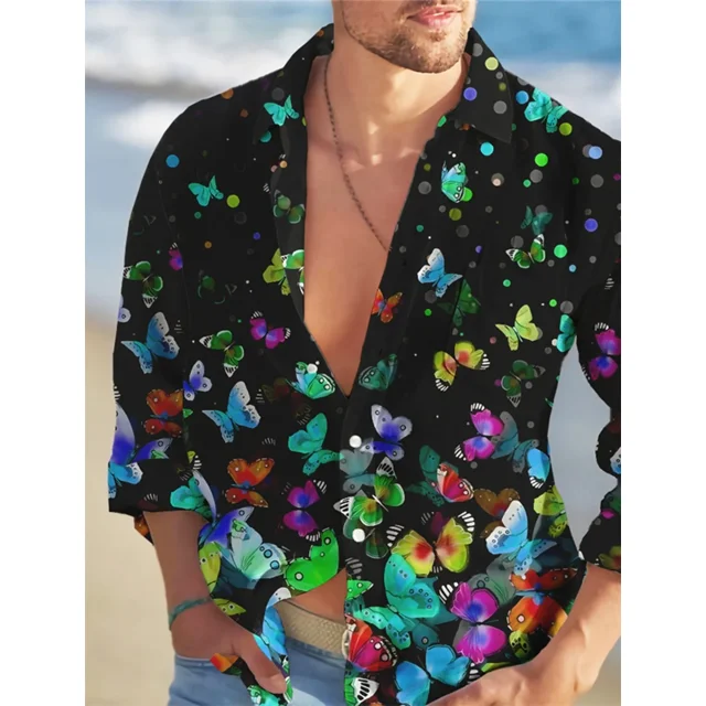 Camisa con botones y solapa de manga larga con estampado 3D más vendida para hombre , camisa informal de calle cómoda y suave para hombre