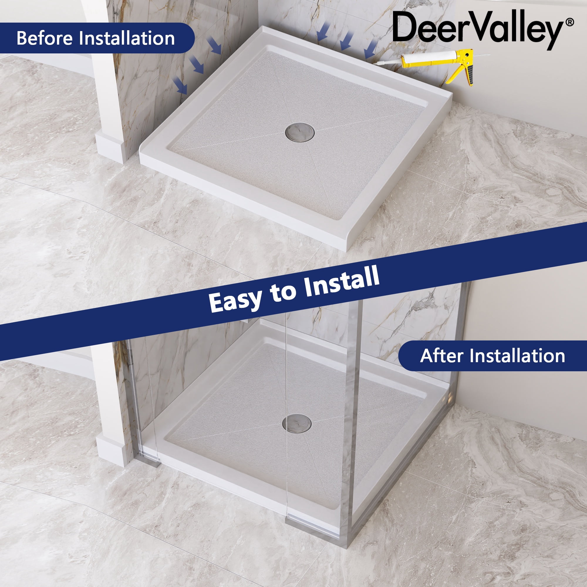 DV-1SB0111 DeerValley 35" L x 35" W Single Threshold Square White Shower Base Center Drain, Non-slip Design