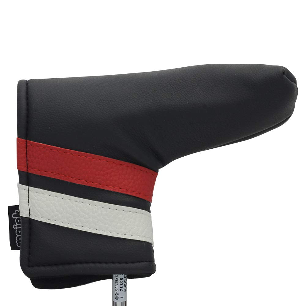 Majek Golf Retro Putter Blade Style (Black with White and Red Stripes) Headcover. Limited Edition Vintage Leather Style
