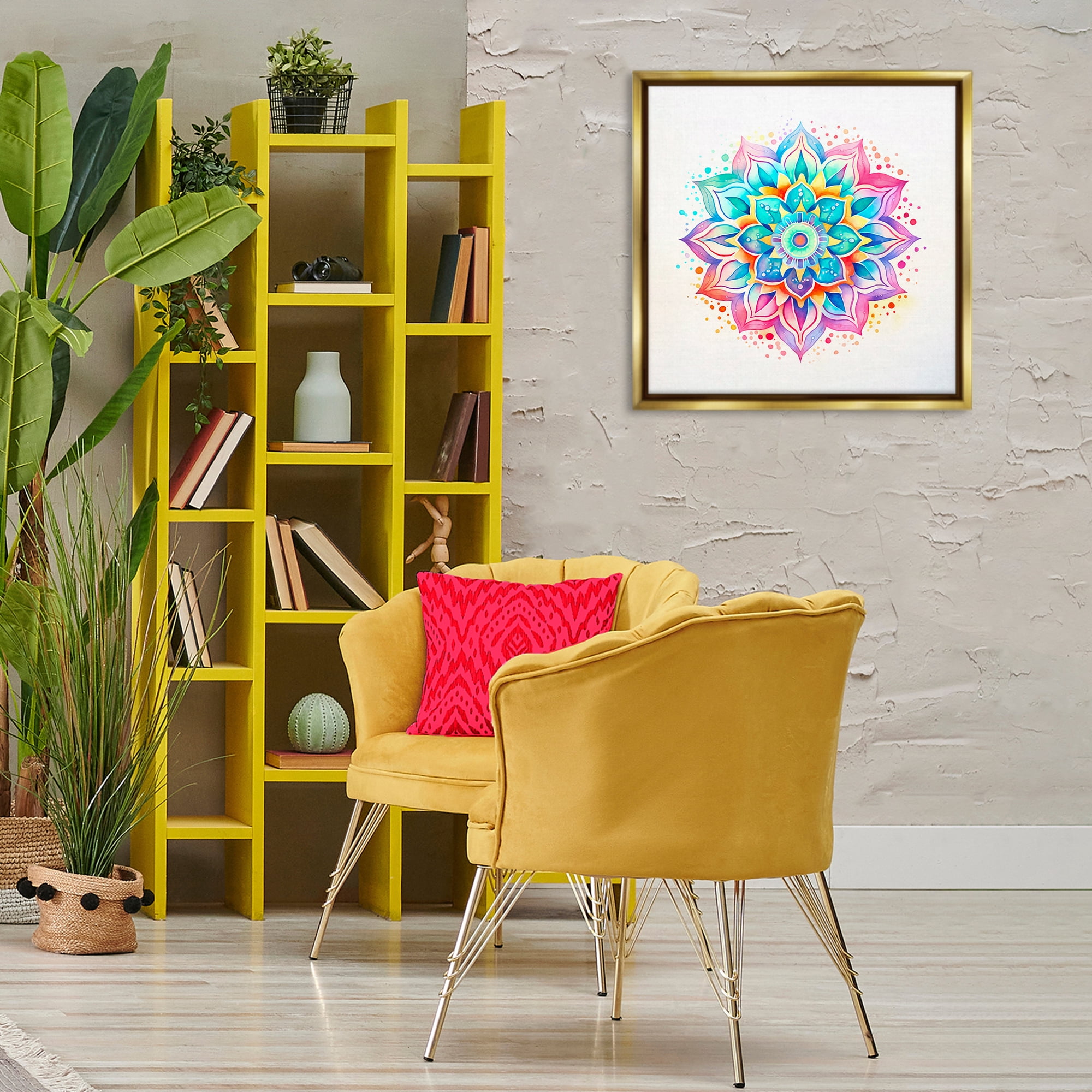 Stupell Industries Magic Rainbow Mandala Abstract Painting Gold Floater Framed Canvas Art Print Wall Art, 25 x 25
