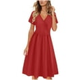 thumbnail image 3 of Umbreon Red Summer Dresses for Women Short Sleeve V Neck Midi Dress Pleated Solid Color Causal Loose Beach Vacation Dresse, 3 of 6