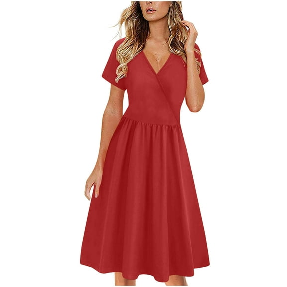gakvbuo Summer Dress For Women A-Line Dress Women's Solid Color Short Sleeve-Neck Mid-Calf Dress