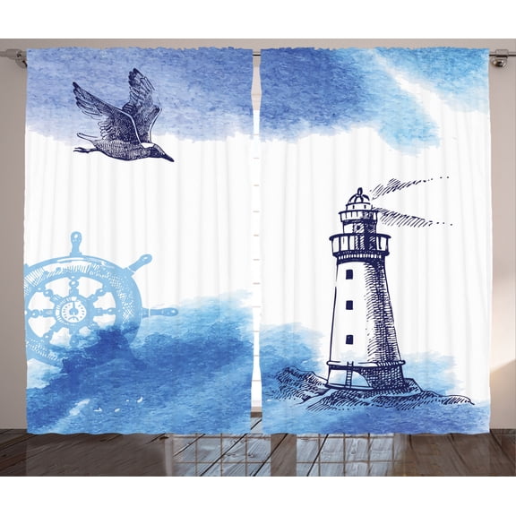 Ambesonne Lighthouse Curtains 2 Panel Set, Handdrawn Art Anchor, 108" x 90", Blue and White