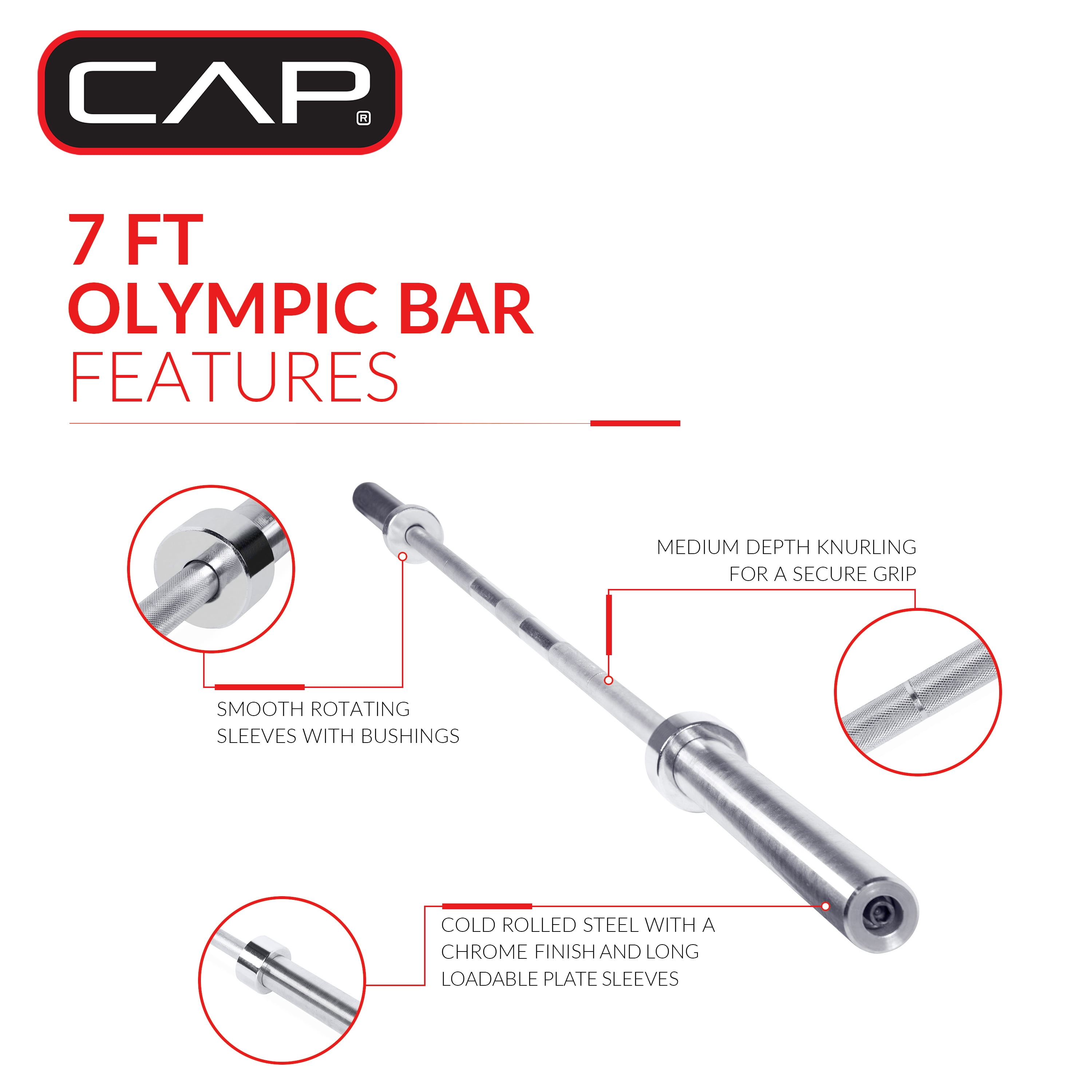 CAP Barbell 45lb Solid Steel Olympic Weight Bar, 7 Ft., Chrome (Fits 2-Inch Weight Plates)