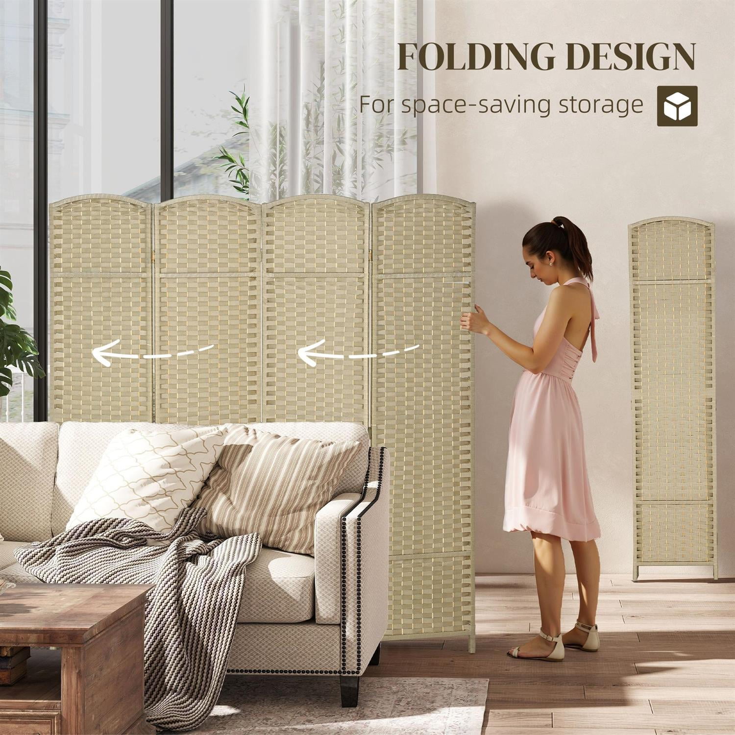Demi Bonn 4 Panel Folding Room Divider Screen, 5.6' Tall Privacy Screen, Home Office Partition, Space Saving Design, Easy to Assemble, Beige