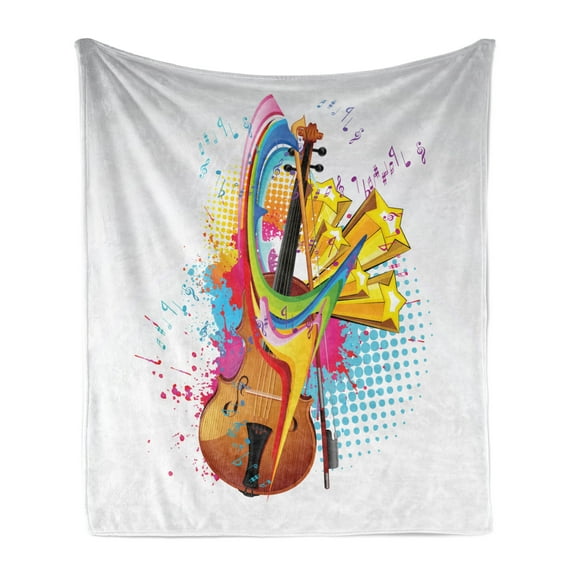 Cello Soft Flannel Fleece Throw Blanket, Creative Colorful Illustration of Musical Notes String Instrument and Splashes, Cozy Plush for Indoor and Outdoor Use, 70" x 90", Multicolor, by Ambesonne