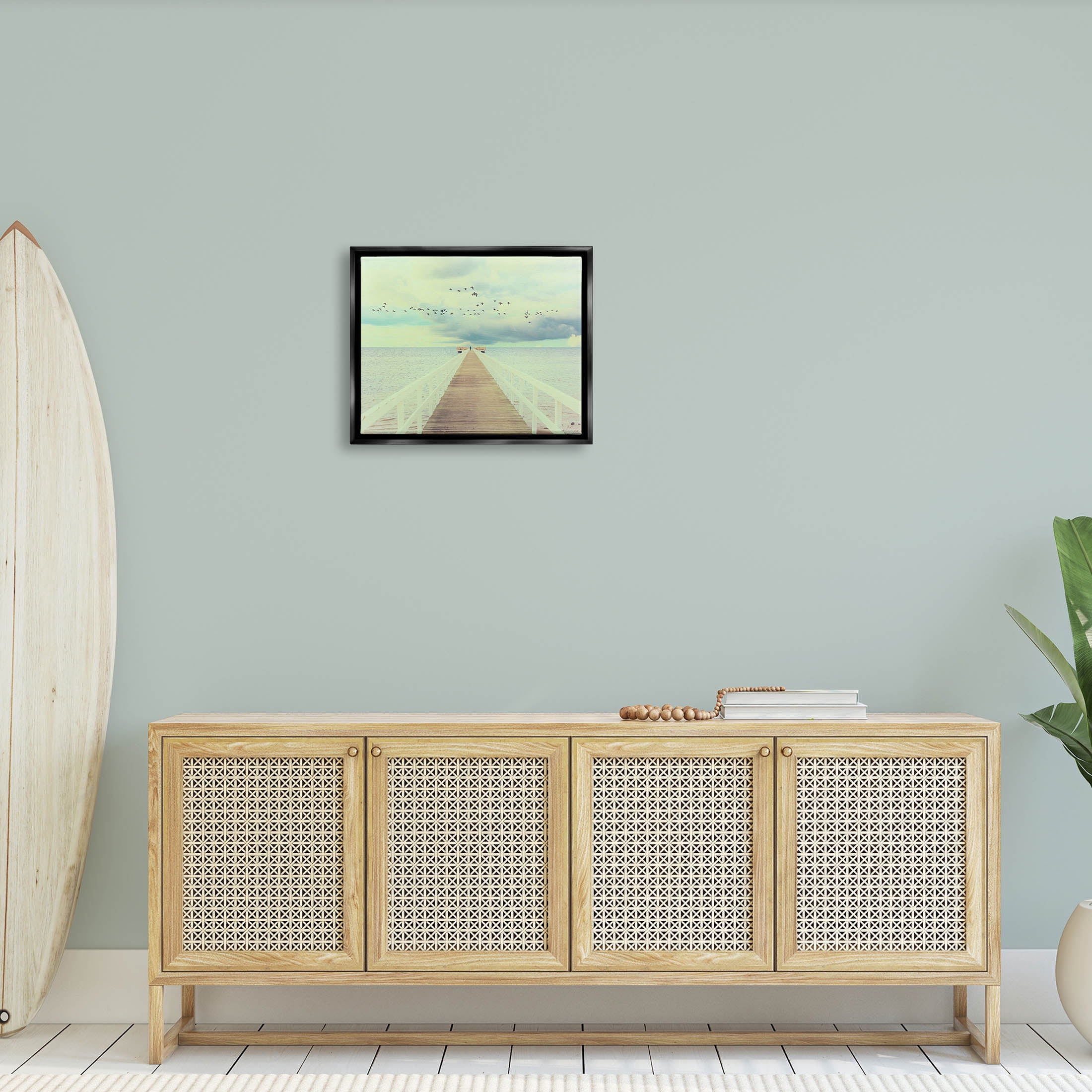 Distant Dock Peaceful Coast Shore Coastal Photograph Jet Black Framed Art Print Wall Art