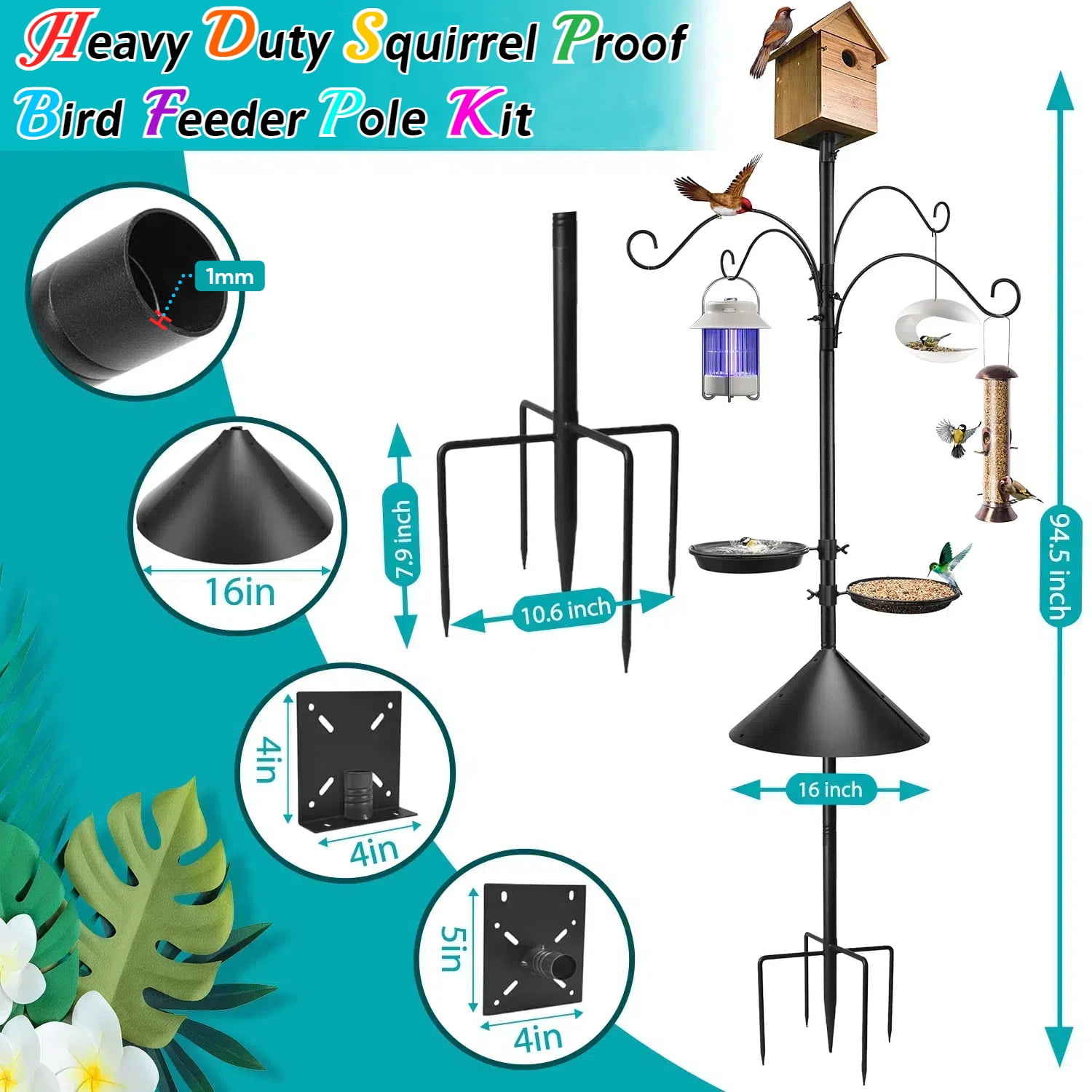 Teblint 92" Bird Feeding Station, Heavy Duty Bird Feeder Pole Bird House Stand Mount Kit w/ Squirrel Proof Baffle 4 Shepherds Hooks, Adjustable Feeder Stand for Outdoor Wild Birds Watching