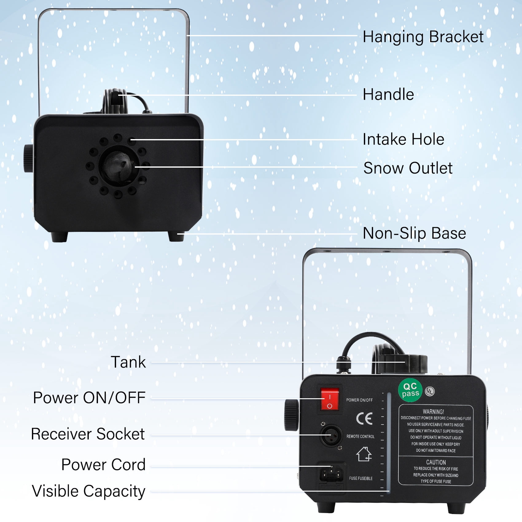 TCFUNDY Snow Machine 600W High Output Snowflake Maker w/ Wireless Remote Stage Atmospheric Effect