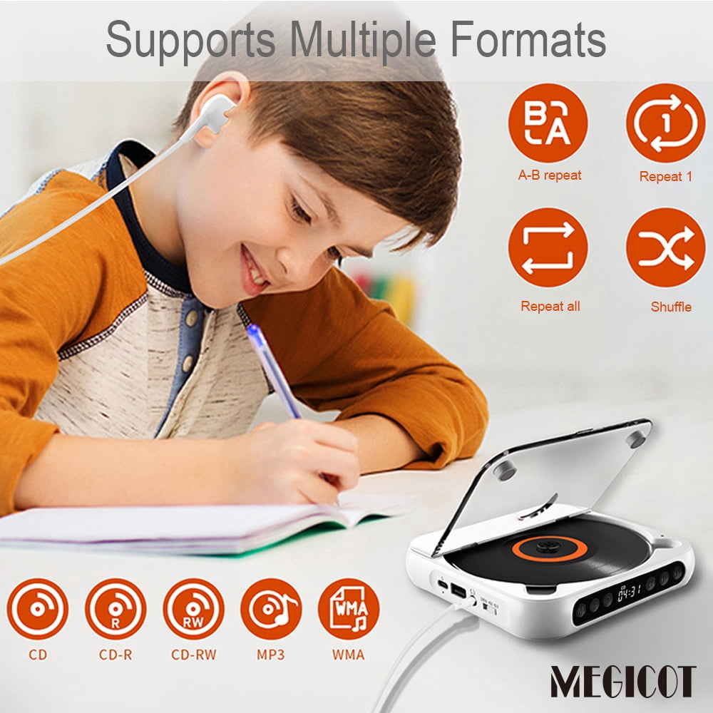 MEGICOT Bluetooth Rechargeable CD Player with Hold Function LED Display USB Audio Port, 2000mAh Personal MP3 CD Player for Listening Music Prenatal Education Children Study