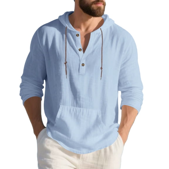 LNWUY Mens Cotton Linen Hoodies Long Sleeve Hooded Drawstring Half Button Shirts Casual Lightweight Beach Yoga Sweatshirts Blue L