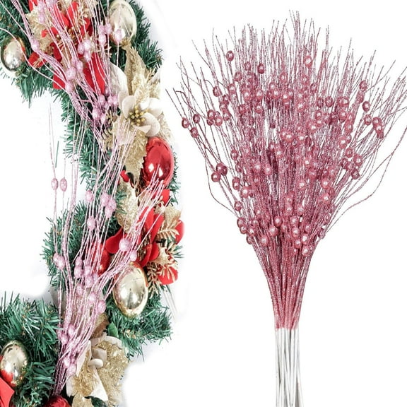 Tutuviw Pink Artificial Glitter Berry Stems 12Pcs 17in Curly Sprays Fake Glitter Berry Branch Picks Decorative Glitter Sticks Twigs Christmas Tree Ornaments for DIY Xmas Wreath Vase Crafts Décor