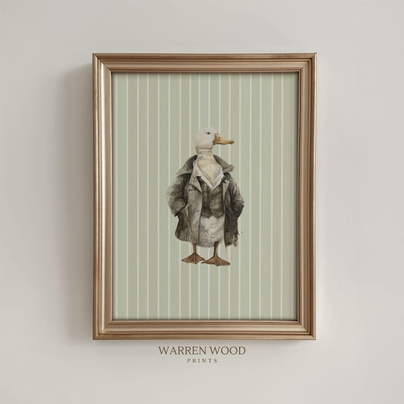 Duck In Jacket Print, Cute Vintage Wall Art, Green Striped Portrait, Rustic Animal Decor, Duck In Waistcoat Print, Cute Rustic White Duck Home Decor #1783, Unframed Poster Size 8x12