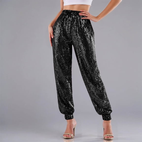 Letdown Sequin Glitter High Waist Jogger Pants for Women, Sparkly Party Trouser Bling Leggings, Holiday Party Disco Outfits (Black,L)