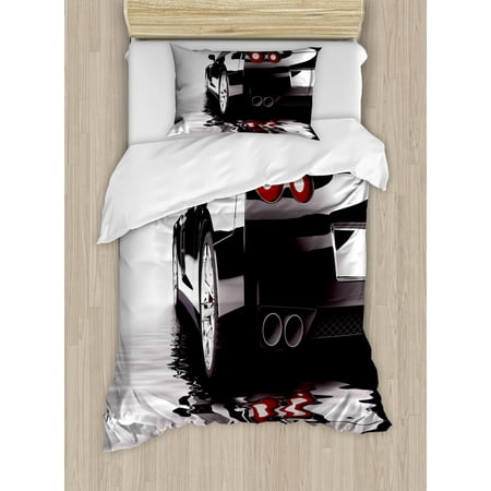 Cars Duvet Cover Set Modern Black Car With Water Reflection