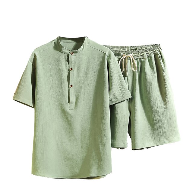 Two Piece Pants Sets Mens Two Piece Solid Cotton Linen Short Sleeve V Neck Tops and Shorts Set