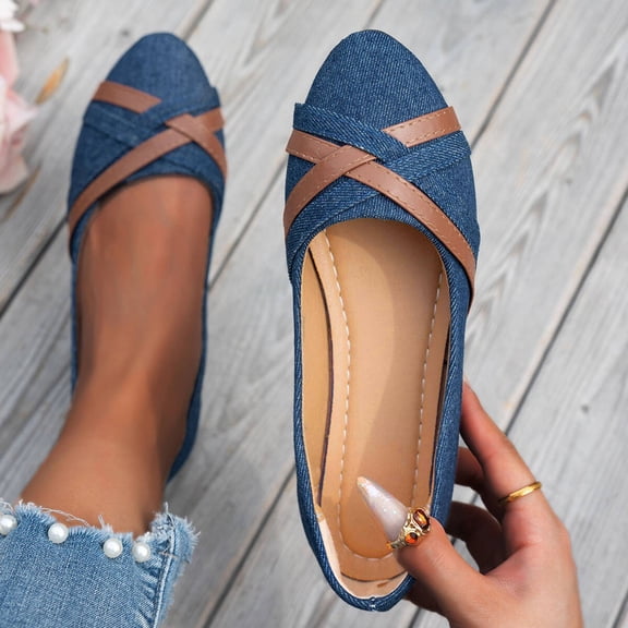 DIVVce Flats For Women Denim Leather Trim Square Toe Comfortable Slip On Casual Lightweight Footwear