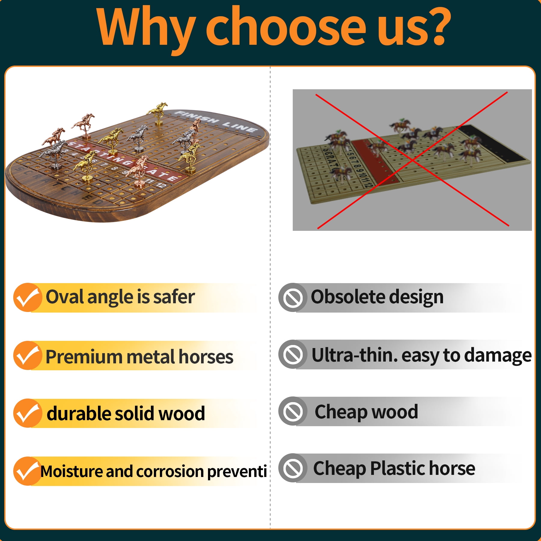 Grhonior Horse Race Board Game Oval Thickened Solid Wood with 11 Luxurious Metal Horses 21 x 11.8 x 0.8inch