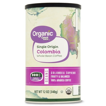 Great Value Organic Single Origin Colombia, Medium Roast, Whole Bean Coffee, 12 oz, Can