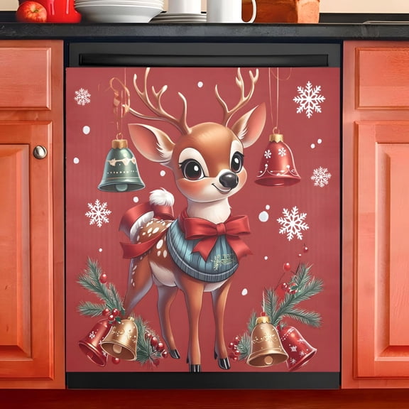 Ryvnso Christmas Reindeer Bells Dishwasher Magnetic Refrigerator Magnet Cover Kitchen Home Decorative 23"x26"