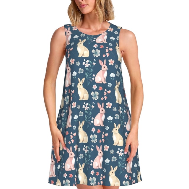 Balery Cute Rabbit Floral Vestidos de verano para mujer con estampado: vestido holgado sin mangas, vestido playero informal y cómodo para días calurosos.