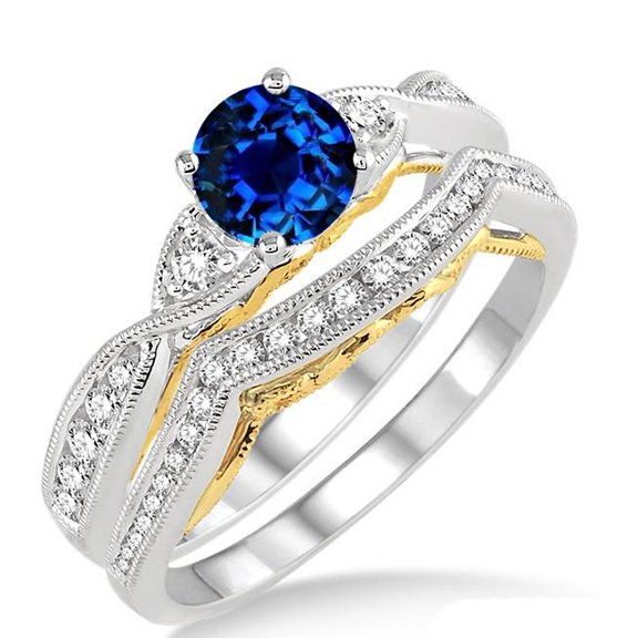 Classic Art Deco 2 Carat Blue Sapphire And Moissanite Diamond Wedding Ring Two tone Bridal Set On 10k White Gold