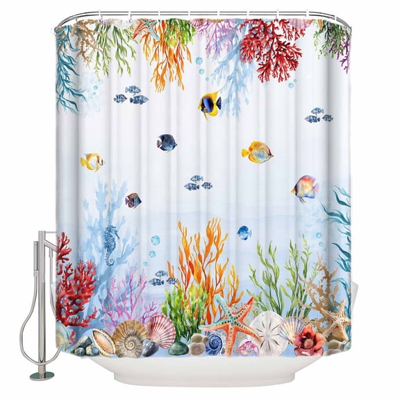 54x78 Inch Shower Curtain Decorative Blue Coastal Bathtub Bath Curtains Fabric Waterproof Bathroom Decor Summer Beach Nautical Coral Fish Small Stall Shower Curtain Set with 12 Hooks