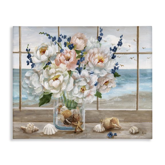 Stupell Industries Shabby Chic Seaside Peonies by Beach Window Canvas Art, 20 x 16, by Nan