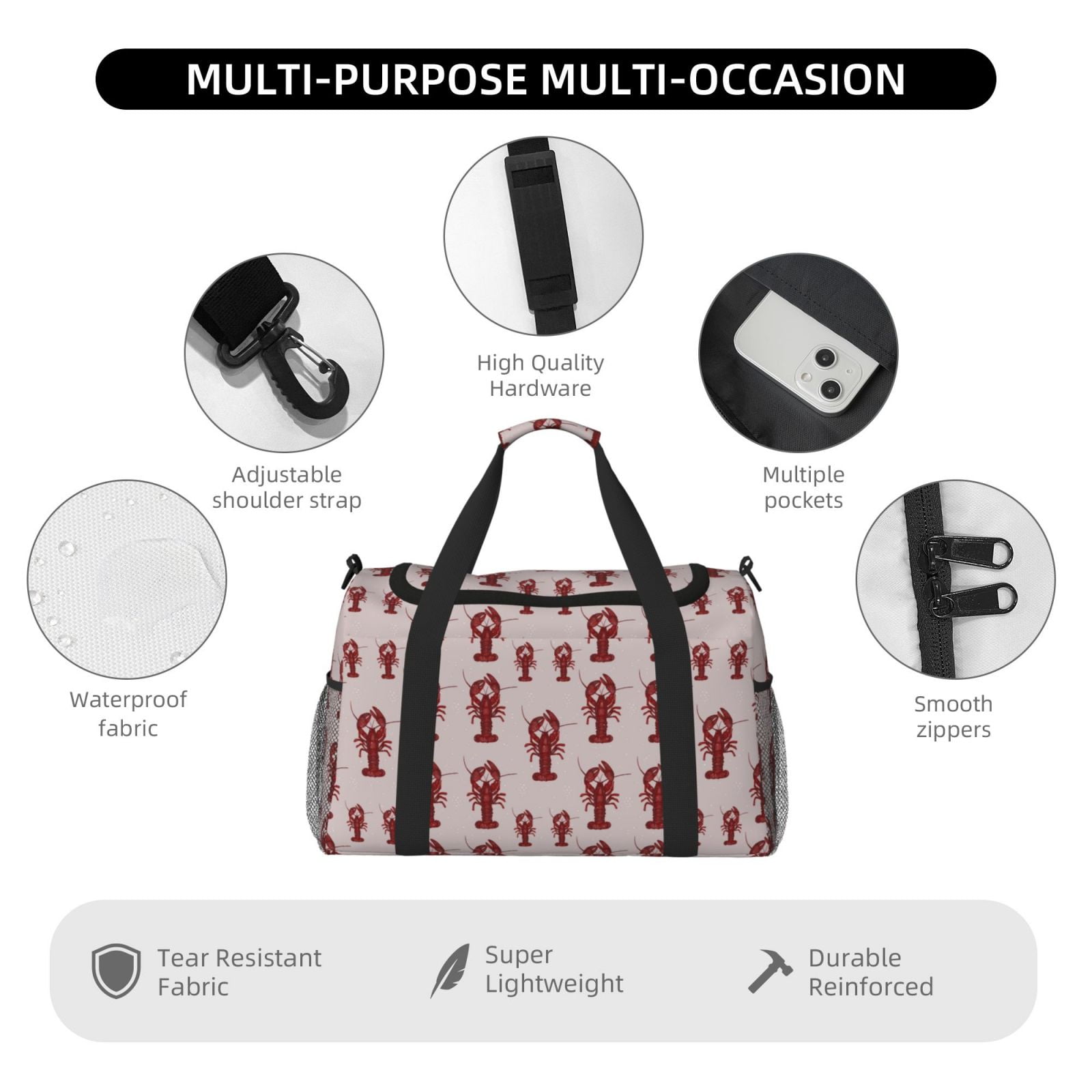 Fuzoiu Red Lobster With Claws Print Travel Duffle Bag,Carry On Tote Bags,Duffel Bag,Sport Gym Bag, Hospital Bag for Labor and Delivery, Overnight Bag,Luggage Bag
