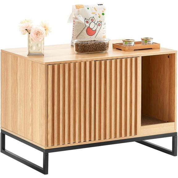 KFFKFF Litter Box Cover, Concealed Cat Toilet Cabinet, Wood Cat Restroom with Dual Doors & Durable Metal Stands, Suitable for Various Litter Boxes, 31.5"L x 20"W x 22"H, Natural Finish