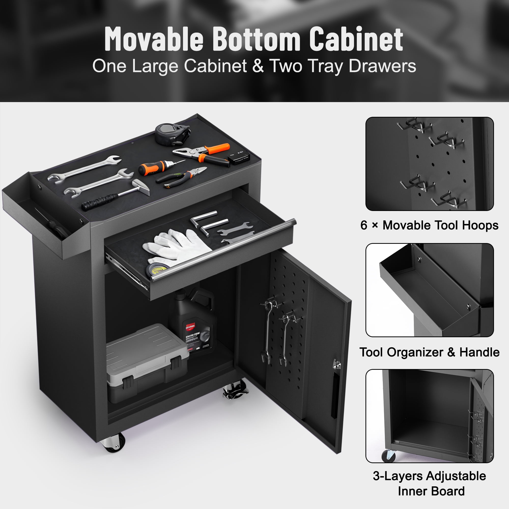 5-Drawer Rolling Tool Chest, Stainless Steel Tool Box with Brake Wheels and 4 Drawers, Black Detachable Tool Cart, Black