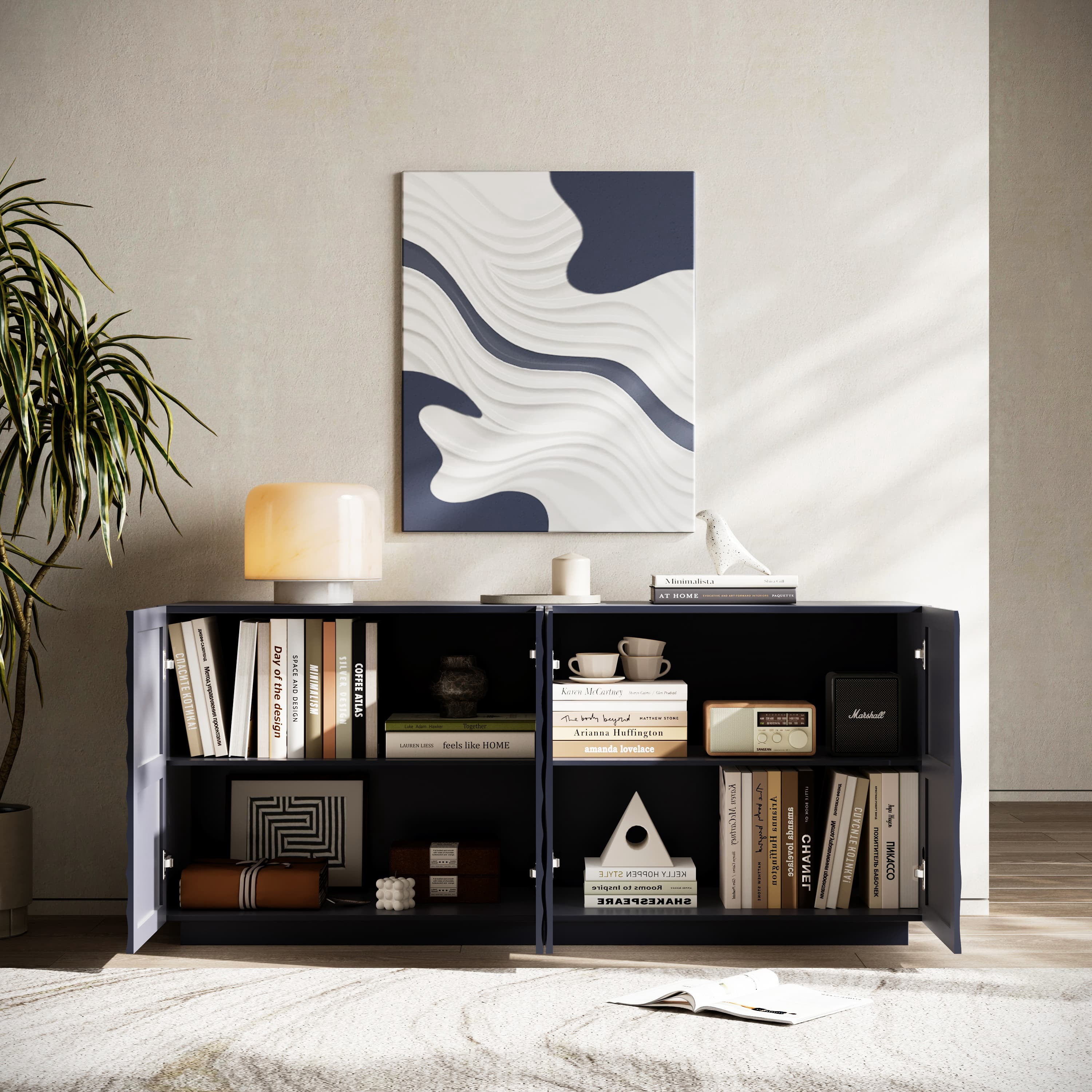 Aukfa Accent Sideboard Buffet Cabinet,Accent Storage Credenza with Ripple Door for Dining & Living Space,Navy Blue
